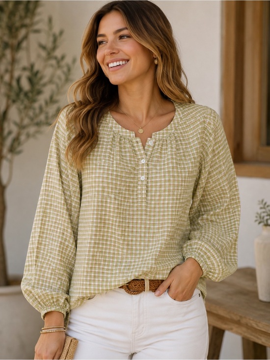Max Studio Tops - Max Studio NWT Cotton Plaid Peasant Blouse Green Balloon Sleeve Medium M